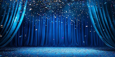 A blue stage with curtains and confetti falling down for a celebration or performance event scene