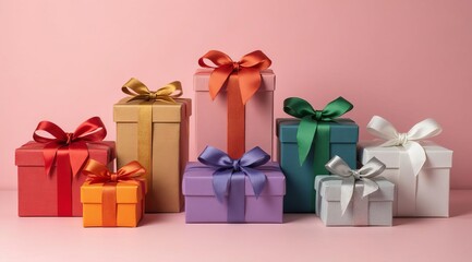 Fototapeta premium Stylish gift boxes with silk bows on a pastel pink background. A festive composition for postcards, websites and social networks.