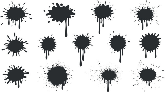 Collection of black ink splash vector illustrations featuring various shapes and sizes for creative design projects.