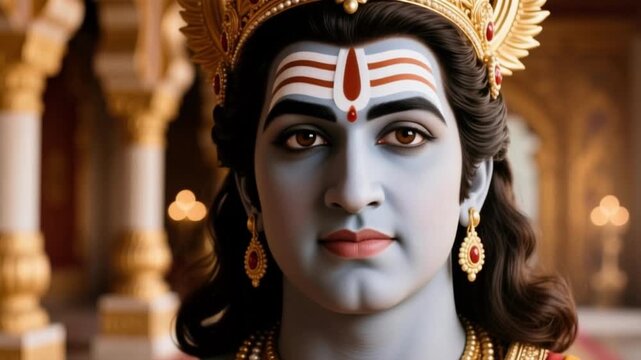 Close Up Portrait of Lord Ram with Royal Grace and Palace Light Background Isolated in Slow Motion 4K Hindu Noble Peace and Mythology Concept Video