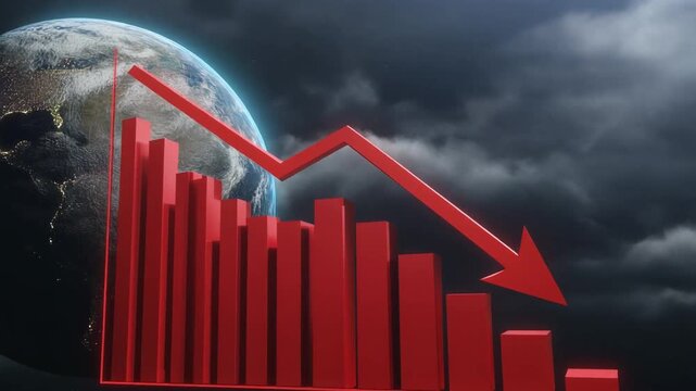 A cinematic 3D animation of a declining red bar chart falling sharply downward while 