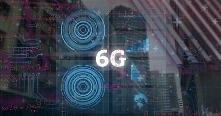 Animation of data processing and 6g text over cityscape - Powered by Adobe