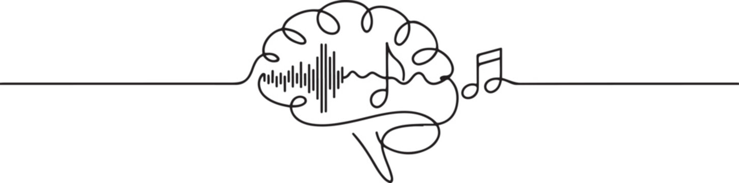 Single continuous line drawing of human brain listening music beat for musical company logo label. Smart audio dj logotype icon concept. one line Icon drawing