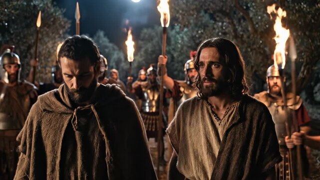 Jesus Christ Being Betrayed by Disciple Judas Iscariot with Kiss in Garden of Gethsemane at Night Surrounded by Roman Soldiers Holding Torches Depicting Biblical Passion History