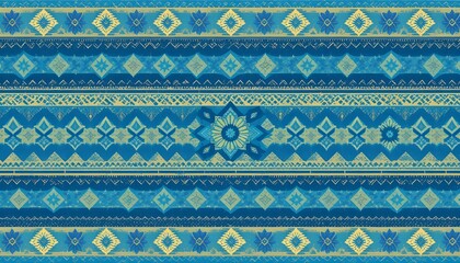 Blue ethnic Aztec pattern background with traditional geometric motifs, cultural texture, and decorative tribal design