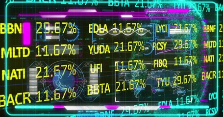 Animation of trading board over infographic interface against rotating globe - Powered by Adobe