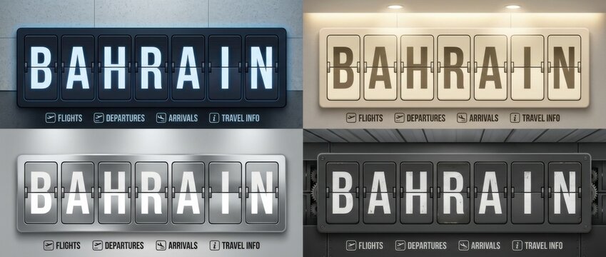 bahrain airport split flap display title set with the word bahrain spelled across flipboard tiles includes four different board styles