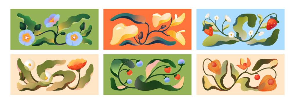Set of cards with abstract flowers with berries in gradient style. Wildflowers, strawberry, physalis, dandelion with crooked leaves. Twisted plants and floral branches. Flat vector illustrations