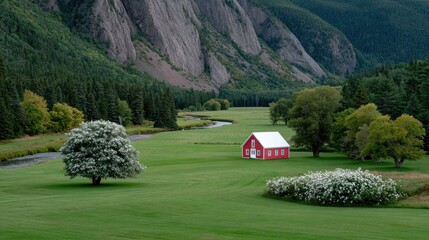Obraz premium Scenic Pastoral Dream: A vibrant red house nestled amidst a sprawling green landscape, embraced by towering trees and majestic mountains. A true haven of tranquility and natural beauty.