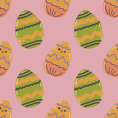 Cute hand drawn Easter seamless pattern with painted easter eggs. Festive vector background.