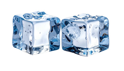 Obraz premium Two close-up ice cubes with textured surfaces, glistening against a black backdrop