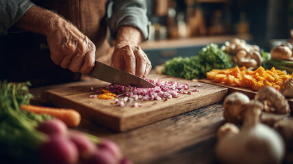 Man chopping vegetables in kitchen for healthy meal preparation. Close up of hands food cutting various seasonal vegetables