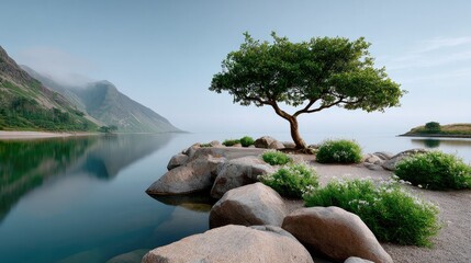 Serene Lakeside Solitude: A solitary tree stands stoically on the rocky edge of a serene lake, its reflection mirrored in the calm waters against a backdrop of rolling hills.