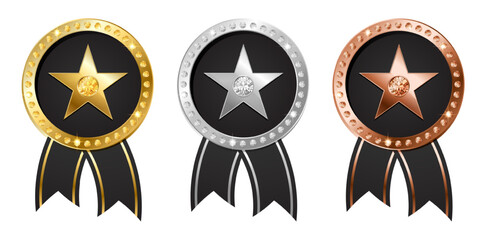 Luxury gold, silver, bronze award medals with star and ribbon. Elegant glossy design for competition, certificate, VIP, premium badge. Vector illustration set on white background
