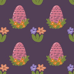 Cute hand drawn Easter seamless pattern with painted easter eggs and flowers. Festive vector background.