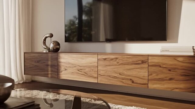 Modern living room featuring a sleek wooden sideboard, a glass coffee table with decorative bowl, and a large flat-screen TV against a bright window, creating a cozy atmosphere