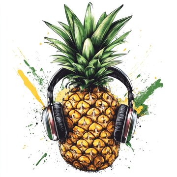 Energetic pineapple character dancing with headphones representing a music lover fruit  Vibrant tropical graphic with yellow and green colors isolated on a white background  Ideal for t shirt design