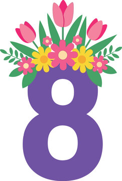 Womens Day Floral Number 8 Illustration with Colorful Spring Flowers for March 8 Celebration