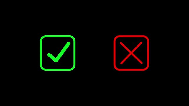 Tick or check mark signs neon icon animation. right and wrong animated neon icons, False and true. Correct and incorrect, accept and reject.