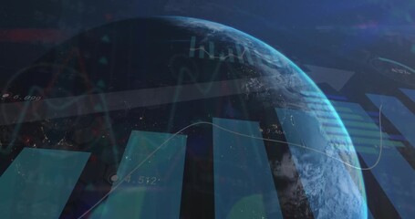 Animation of statistical data processing over a globe against blue background - Powered by Adobe