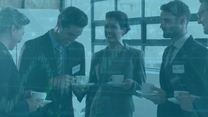 Animation of financial data processing over diverse businesspeople holding coffee cups discussing - Powered by Adobe