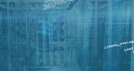 Animation of security padlock icon, plexus networks and data processing against computer server room - Powered by Adobe