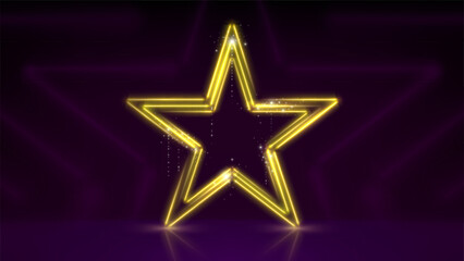 Obraz premium Golden neon star, glowing led stars. Stage. Magenta background for awards ceremony. Golden sparkling neon star. Stage light, backdrop for displaying products. Copy space paste. Vector illustration