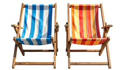 Two folding wooden chairs, one blue-striped, the other orange-striped, on a dark background