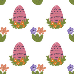 Cute hand drawn Easter seamless pattern with painted easter eggs and flowers. Festive vector background.