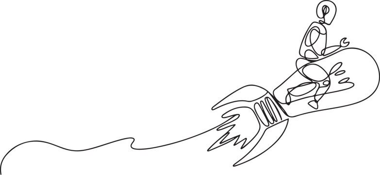 Continuous one line drawing robots riding light bulb rockets. Modern robotics artificial intelligence technology. Electronic technology industry. one line Icon drawing