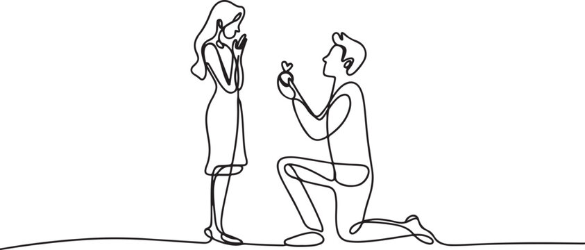 Continuous one line drawing man kneeling holding engagement ring proposing woman marry him happy marriage wedding concept. one line Icon drawing