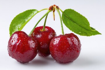 Three glistening red cherries with green leaves and a wet sheen sit on a white background