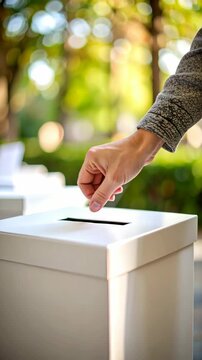 Close-up of a person's hand placing a ballot into a white box in outdoor setting during daytime with blurred green background.