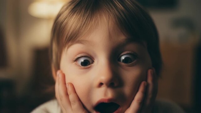 Surprised child face with shocked expression and wide eyes, hands cheeks and mouth open, caucasian boy indoor warm light, cozy home closeup candid