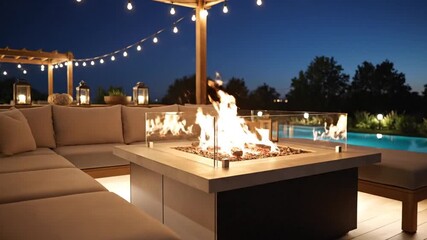 A cozy outdoor lounge area featuring a modern fire pit surrounded by comfortable seating, illuminated by string lights against a serene evening backdrop with a pool - Powered by Adobe
