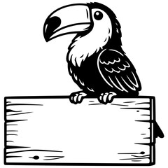 Obraz premium Toucan sitting on wooden sign vector line art, black and white illustration for engrave and decor.