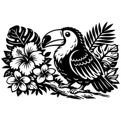 Fototapeta premium Toucan sitting on branch among tropical leaves and flowers vector line art for engrave and decor.