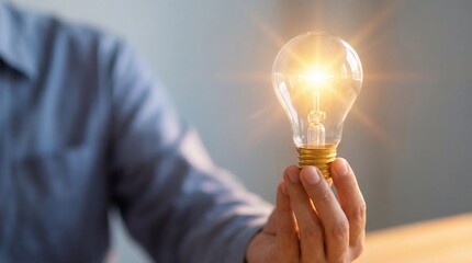 A person s hand holds a clear glowing light bulb emitting a warm bright starburst light against a soft blurred background symbolizing innovation and ideas
