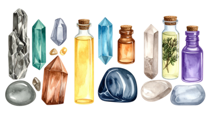 Watercolor illustration of crystals, gemstones, and potions in assorted bottles