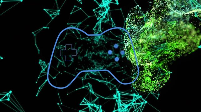 Animation of video game controller icon over digital wave and plexus networks on black background