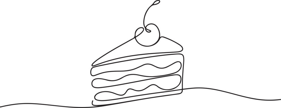 Single continuous line drawing of stylized cut sliced cake with cherry fruit topping art. Sweet pastry concept. one line Icon drawing