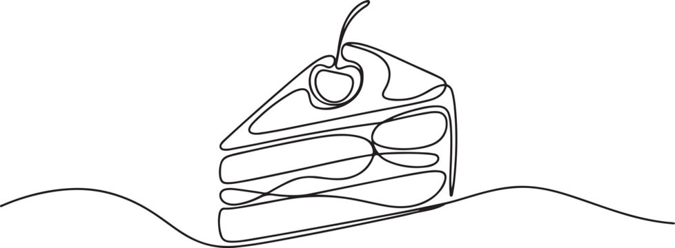 Single continuous line drawing of stylized cut sliced cake with cherry fruit topping art. Sweet pastry concept. one line Icon drawing