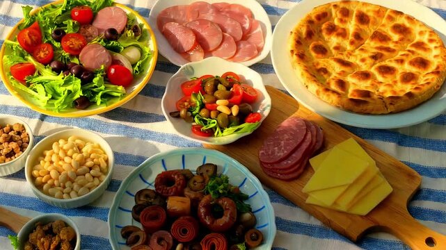 Abundant outdoor brunch spread featuring fresh salad flatbread sliced meats cheese beans and assorted antipasti on a striped tablecloth