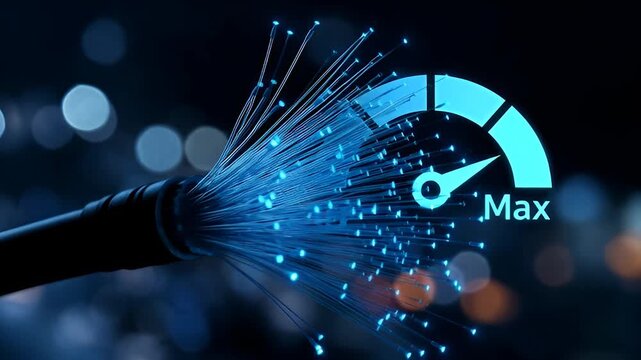 Fiber Optic Cable Glowing Blue with Speedometer Indicating Max Speed, High Speed Internet Concept