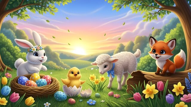 Easter wonderland bunny lamb and fox celebrate springtime with easter eggs
