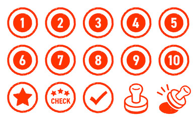 イラストスタンプラリーのイラストアイコンセット。インク掠れのテクスチャーが入った赤いハンコの印面。チェック、星、数字が入った円形のスタンプ。