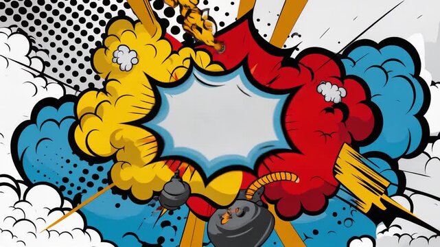  A giant comic book style explosion in the center of the screen, with bold halftone dots