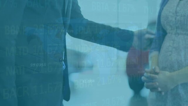 Businessman bids farewell indoors against a backdrop of global finance and tech concepts.