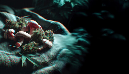 Psychotropic background. Pattern of dried psilocybin mushrooms and cannabis buds on white background. Psychedelic trip, CBD recreation. Micro-dosing concept.