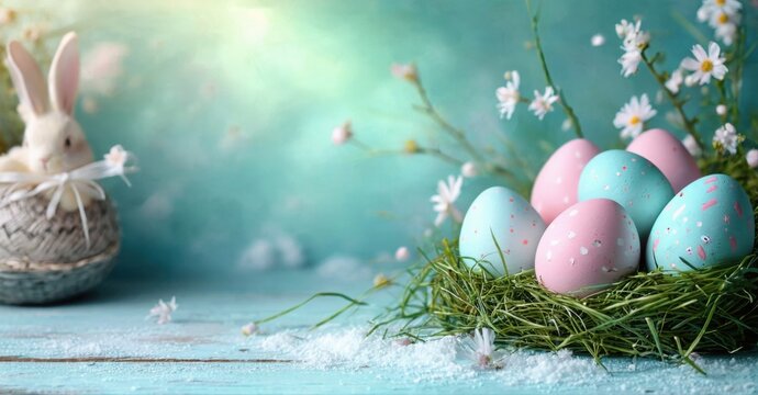 Easter scene. Bunny rests near colorful eggs nestled within straw. Soft light, floral details create spring ambiance. - Powered by Adobe